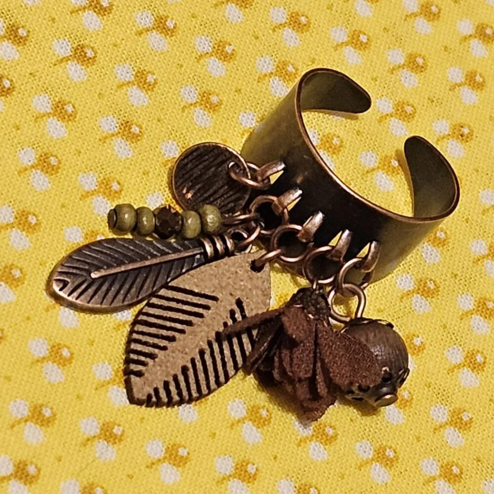 Ring. Bohemian Style Adjustable Antique Bronze Feather Tassel Bead Charms. OSFM. - Picture 7 of 10